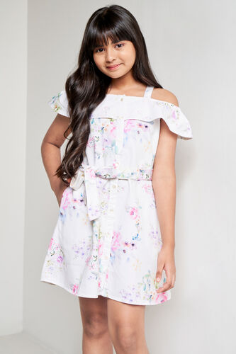 White Floral Straight Dress, White, image 1